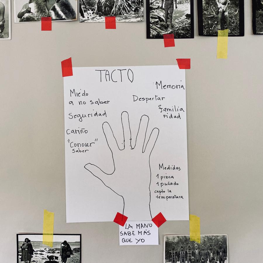 Cartel con la silueta de una mano y palabras escritas a mano, rodeado de fotografías antiguas